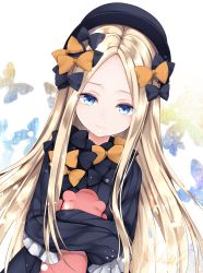 Rule 34 | 1girl, abigail williams (fate), black bow, black dress, black hat, blonde hair, blue eyes, blush, bow, bug, butterfly, chiutake mina, dress, fate/grand order, fate (series), forehead, hair bow, hat, highres, insect, long hair, looking at viewer, multiple hair bows, orange bow, parted bangs, ribbed dress, sleeves past fingers, sleeves past wrists, solo, stuffed animal, stuffed toy, teddy bear, white background