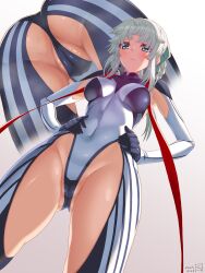 Rule 34 | 1girl, absurdres, armpit cutout, ass, black bodysuit, blush, bodysuit, braided hair rings, breasts, cameltoe, cleft of venus, closed mouth, clothing cutout, covered navel, earrings, fate/grand order, fate/samurai remnant, fate (series), gluteal fold, green eyes, guriguri (arayotto4351), hair ribbon, half-closed eyes, hands on own hips, highres, jewelry, long hair, looking at viewer, medium breasts, multiple views, partially visible vulva, ponytail, ribbon, sidelocks, sweat, thigh cutout, thighs, two-tone bodysuit, variant set, white bodysuit, white hair, yui shousetsu (fate), yui shousetsu (first ascension) (fate)