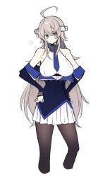 Rule 34 | 1girl, ahoge, bare shoulders, black pantyhose, blue jacket, blue necktie, breasts, cropped legs, feet out of frame, grey eyes, hands on own hips, headgear, highres, jacket, kantai collection, katsuobushi (eba games), large breasts, long hair, looking at viewer, military uniform, necktie, off shoulder, pantyhose, pleated skirt, shirt, simple background, skirt, sleeveless, sleeveless shirt, solo, uniform, washington (kancolle), white background, white shirt, white skirt