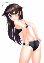Rule 34 | 1girl, ass, black bra, black hair, black panties, blue eyes, bra, butt crack, cowboy shot, dimples of venus, from behind, hair down, hair flaps, hair ornament, highres, kantai collection, long hair, looking at viewer, open mouth, panties, shigure (kancolle), shigure kai ni (kancolle), shirasawa kazane, simple background, solo, underwear, underwear only, white background