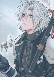 Rule 34 | 1girl, 3boys, aged down, aqua eyes, armor, black coat, black gloves, coat, final fantasy, final fantasy vii, final fantasy vii ever crisis, frogccc333, glenn lodbrok, gloves, grey hair, hair between eyes, highres, holding, holding sword, holding weapon, long sleeves, looking up, lucia lin, male focus, materia, matt winsord, multiple boys, official alternate costume, outdoors, parted bangs, parted lips, red coat, sephiroth, short hair, shoulder armor, slit pupils, snow, snowball, snowball fight, snowing, solo focus, sweater, sword, turtleneck, turtleneck sweater, upper body, weapon, winter