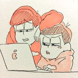 Rule 34 | 10s, 2boys, arm on own head, arm rest, blush stickers, brothers, computer, hood, hoodie, laptop, male focus, matsuno osomatsu, matsuno todomatsu, multiple boys, nnbn, osomatsu-kun, osomatsu-san, osomatsu (series), siblings, simple background, traditional media, upper body, white background