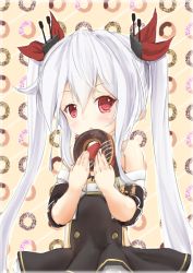 Rule 34 | 1girl, azur lane, bare shoulders, belt, belt buckle, black dress, blush, bow, buckle, collar, commentary request, detached collar, detached sleeves, doughnut, dress, fang, food, hair between eyes, hair ribbon, hands up, highres, holding, holding food, long hair, looking at viewer, maru shion, parted lips, red bow, red eyes, red ribbon, ribbon, short sleeves, sidelocks, silver hair, solo, twintails, vampire (azur lane), very long hair, white belt, white collar