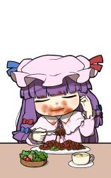 Rule 34 | 1girl, blunt bangs, bow, bowl, capelet, chibi, cup, dirty, eating, female focus, food, food on face, fork, hair bow, hat, long hair, long sleeves, messy, mug, pasta, patchouli knowledge, plate, purple hair, salad, solo, spaghetti, touhou, transparent background, truth, ume (noraneko)