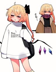 Rule 34 | &gt; &lt;, 1girl, absurdres, alternate costume, backpack, bag, black bag, black bow, black shirt, blonde hair, blue scarf, bow, brown coat, coat, commentary, crystal wings, english text, feet out of frame, flandre scarlet, gradient hair, hair between eyes, hair bow, highres, long hair, looking to the side, multicolored hair, open mouth, oversized clothes, plaid, plaid scarf, print sweater, red eyes, red hair, scarf, shirt, side ponytail, sleeves past fingers, sleeves past wrists, solo, sweater, touhou, translation request, two-tone hair, upper body, white sweater, you (noanoamoemoe)