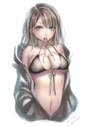 Rule 34 | 1girl, bare shoulders, bikini, bikini in mouth, black bikini, blush, breasts, brown eyes, clothes in mouth, dated, front-tie bikini top, front-tie top, hands in pockets, jacket, large breasts, lips, lma, long hair, looking at viewer, mouth hold, navel, open clothes, open jacket, original, sketch, solo, swimsuit, twitter username, upper body, white background