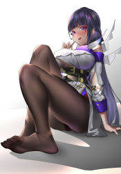 Rule 34 | 1girl, absurdres, blush, breasts, feet, finger to mouth, highres, honkai (series), honkai impact 3rd, large breasts, long hair, looking at viewer, open mouth, pantyhose, purple eyes, purple hair, raiden mei, soles, toes