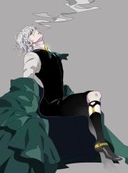 Rule 34 | 1boy, ascot, black footwear, black socks, black vest, cigarette, coat, collared shirt, commentary request, crossed legs, edmond dantes (fate), fate/grand order, fate (series), from side, full body, green ascot, green coat, grey background, highres, invisible chair, male focus, mouth hold, off shoulder, shirt, shoes, silver hair, simple background, sitting, smoke, smoking, socks, solo, tenobe, vest, white shirt, wing collar, yellow eyes