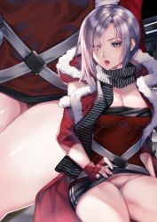 Rule 34 | 1girl, black skirt, breasts, cleavage, clothes lift, commentary request, cowboy shot, female pubic hair, fingerless gloves, fur trim, girls&#039; frontline, gloves, green eyes, hair over one eye, highres, looking at viewer, medium breasts, mg5 (crimson guardian) (girls&#039; frontline), mg5 (girls&#039; frontline), no panties, official alternate costume, open mouth, pubic hair, red gloves, scarf, shinima, short hair, silver hair, skirt, skirt lift, striped clothes, striped scarf, thighs