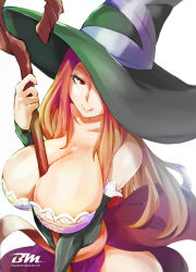 Rule 34 | 1girl, :q, bare shoulders, bayeuxman, between breasts, breasts, cleavage, detached sleeves, dragon&#039;s crown, dress, hat, hat over one eye, highres, huge breasts, long hair, red hair, side slit, smile, solo, sorceress (dragon&#039;s crown), staff, strapless, strapless dress, tongue, tongue out, witch hat