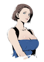 Rule 34 | 1girl, bad id, bad twitter id, bare shoulders, blue eyes, breasts, brown hair, cleavage, closed mouth, commentary, english commentary, hand up, highres, jill valentine, large breasts, liangjushuang, light smile, looking at viewer, resident evil, resident evil 3, resident evil 3: nemesis, resident evil 3 (remake), short hair, signature, simple background, solo, strapless, swept bangs, upper body, white background