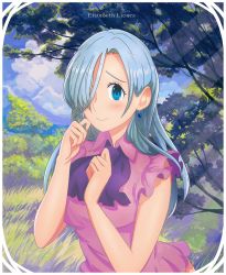 Rule 34 | 10s, 1girl, arsenixc, blue eyes, blush, character name, cloud, day, dress, earrings, elizabeth liones, grass, hair over one eye, highres, jewelry, light rays, long hair, looking at viewer, nanatsu no taizai, sky, smile, solo, sunbeam, sunlight, tree