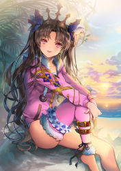 Rule 34 | 1girl, :p, bad id, bad pixiv id, barefoot, black hair, bridal garter, day, earrings, ells, fate/grand order, fate (series), fur trim, hoop earrings, ishtar (fate), ishtar (swimsuit rider) (fate), jacket, jewelry, long hair, looking at viewer, ocean, one-piece swimsuit, outdoors, parted bangs, pink jacket, red eyes, single thighhigh, sitting, smile, solo, sun, sunset, swimsuit, thigh strap, thighhighs, tohsaka rin, tongue, tongue out, two side up, very long hair, wavy hair, white one-piece swimsuit
