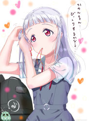 Rule 34 | 1girl, adjusting hair, alternate hairstyle, arashi chisato, artist name, artist request, bag, belt, blush, bow, bowtie, breasts, buttons, check translation, collared shirt, commentary request, dress, dress shirt, female focus, fixing hair, grey belt, grey shirt, grey skirt, hair bun, hair tie, heart, heart (symbol), highres, long hair, long sleeves, looking at viewer, love live!, love live! superstar!!, miniskirt, neck ribbon, o-ring, o-ring belt, parted lips, plaid, plaid skirt, pleated, pleated skirt, red bow, red eyes, red ribbon, ribbon, school bag, school uniform, shirt, side bun, single hair bun, skirt, small breasts, smile, solo, speech bubble, translated, translation request, white hair, white shirt, wing collar, yuigaoka school uniform