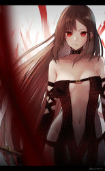 Rule 34 | 1girl, artist name, bad id, bad pixiv id, bare shoulders, black collar, black dress, black gloves, blurry, breasts, brown hair, center opening, choker, collar, collarbone, depth of field, dress, ear piercing, elbow gloves, expressionless, fate/grand order, fate (series), gloves, harukana (harukana 10), letterboxed, long hair, looking at viewer, medium breasts, navel, piercing, red eyes, revealing clothes, solo, strapless, strapless dress, sword, very long hair, weapon, wind, yu mei-ren (fate)