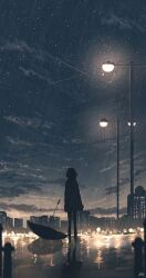 1girl blurry bokeh building city city_lights cloud commentary dark depth_of_field flood from_behind highres huashijw lamppost looking_afar night original outdoors power_lines rain reflection road scenery short_hair signature sky solo star_(sky) street umbrella wading