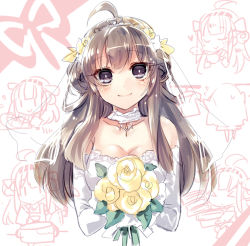 Rule 34 | &gt; &lt;, 10s, 1girl, :&gt;, ahoge, bouquet, brown eyes, brown hair, dress, closed eyes, flower, hairband, heart, jewelry, kantai collection, kinosaki reisui, kongou (kancolle), long hair, looking at viewer, necklace, smile, solo, strapless, strapless dress, wedding, wedding dress