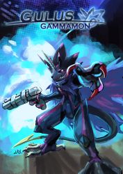 Rule 34 | 1boy, absurdres, cape, claws, cover, digimon, digimon ghost game, explosion, fake cover, full body, gulusgammamon, gun, handgun, highres, holding, holding weapon, horns, looking at viewer, parody, shadow the hedgehog (game), sharp teeth, solo, sonic (series), standing, tail, teeth, weapon