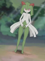 Rule 34 | 1girl, aruman, bar censor, blush, censored, collarbone, creatures (company), dutch angle, female focus, flat chest, full body, game freak, gen 3 pokemon, green hair, highres, kirlia, looking down, nintendo, nipples, no humans, nude, open mouth, outdoors, personification, pokemon, pokemon (creature), pussy, shiny skin, short hair, solo, standing, tree