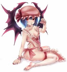 Rule 34 | 1girl, apron, ass, bad id, bad pixiv id, bat wings, blood, blue hair, breasts, choker, earrings, feet, female focus, hat, jewelry, looking back, nail polish, naked apron, panzer (p.z), pointy ears, red eyes, remilia scarlet, short hair, simple background, sitting, sketch, small breasts, solo, thighhighs, tongue, touhou, wariza, wings, wrist cuffs, wristband