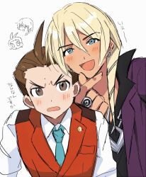 Rule 34 | 2boys, :d, ace attorney, annoyed, antenna hair, apollo justice, aqua necktie, black shirt, blonde hair, blue eyes, blush, brown eyes, brown hair, chain, chain necklace, collared shirt, dark-skinned male, dark skin, doodle inset, drill hair, earrings, finger heart, grgrton, hair between eyes, jacket, jewelry, klavier gavin, lapel pin, lapels, looking at viewer, male focus, multiple boys, multiple views, necklace, necktie, open collar, open mouth, purple jacket, red vest, ring, shirt, simple background, sketch, sleeves rolled up, smile, translation request, upper body, v-shaped eyebrows, vest, white background, white shirt