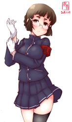 Rule 34 | alternate costume, azur lane, blue jacket, blue skirt, blush, braid, braided bun, breasts, brown eyes, brown hair, closed mouth, dated, glasses, gloves, hair bun, highres, historical name connection, jacket, kanon (kurogane knights), kantai collection, large breasts, looking at viewer, myoukou (kancolle), name connection, pleated skirt, school uniform, simple background, single hair bun, single thighhigh, skirt, thighhighs, white background, white gloves
