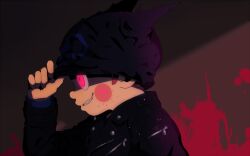 Rule 34 | 1boy, animal ear headwear, animal ears, beanie, black background, black hat, black jacket, black sleeves, blood, blood on clothes, blood on face, blood splatter, blush stickers, buttons, cat ears, collared jacket, commentary request, danganronpa (series), danganronpa v3: killing harmony, dark skin, evil grin, evil smile, fake animal ears, fang, from side, glowing, glowing eyes, grin, hand on headwear, hat, hoshi ryoma, jacket, kogarashi 8, layered sleeves, leather, leather jacket, long sleeves, looking ahead, partial commentary, pink blood, pink eyes, shaded face, short hair, simple background, smile, solo, upper body, very short hair, zipper, zipper pull tab