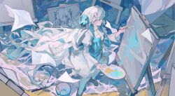 Rule 34 | 1girl, blue background, blue dress, blue flower, blue hair, blue theme, canvas (object), dress, easel, expressionless, floating hair, flower, from above, full body, grey hair, hair flower, hair ornament, hair over one eye, highres, holding, holding paintbrush, holding palette, isekai joucho, jitome, kamitsubaki studio, legs apart, long hair, looking at viewer, multicolored hair, paint, paintbrush, painting (action), painting (object), palette (object), solo, standing, two-tone dress, two-tone hair, very long hair, viosgit, virtual youtuber, white background, white dress, yellow background
