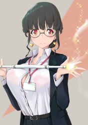 Rule 34 | 1girl, anosillus ii, bad hand, belt, black hair, black jacket, bra visible through clothes, bralines, earrings, glasses, gridman universe, heart, heart earrings, high-waist pants, highres, id card, jacket, jewelry, lanyard, p.i.t.d, pants, red eyes, see-through, shirt, short hair with long locks, simple background, smile, ssss.dynazenon, standing, wand, wet, wet clothes, wet shirt, white shirt
