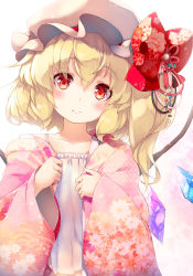 Rule 34 | 1girl, blonde hair, blush, bow, camisole, closed mouth, collarbone, commentary request, crystal, fang, fang out, flandre scarlet, floral print, gengetsu chihiro, hair between eyes, hands up, hat, japanese clothes, kimono, long hair, long sleeves, mob cap, one side up, open clothes, open kimono, pink kimono, red bow, red eyes, sleeves past wrists, smile, solo, touhou, upper body, white camisole, white hat, wide sleeves, wings