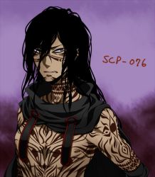 Rule 34 | 1boy, black hair, cape, character name, commentary request, grey eyes, long hair, male focus, parted lips, puyora, scp-076-2, scp foundation, topless male, solo, tattoo