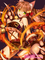 Rule 34 | 1girl, animal ears, animal hands, armlet, bell, bikini, black background, brown hair, buckle, cat ears, cat tail, claws, collar, cowboy shot, fang, fire, fur trim, green eyes, hair ornament, hen-shin-shou-jo metamol maiden, long hair, looking at viewer, multiple tails, neck bell, nekomata, open mouth, original, solo, standing, strap, swimsuit, tail, two tails, yangsion