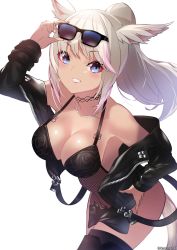 Rule 34 | 1girl, animal ears, warrior of light (ff14), black bra, black jacket, blonde hair, boots, bra, breasts, cawang, cleavage, commission, cowboy shot, eyeliner, eyewear on head, final fantasy, final fantasy xiv, grin, gyaru, highres, jacket, jewelry, leaning forward, leather, leather jacket, makeup, medium breasts, miqo&#039;te, necklace, off shoulder, open clothes, open jacket, pixiv commission, ponytail, smile, solo, sunglasses, tan, thigh boots, thighhighs, underwear