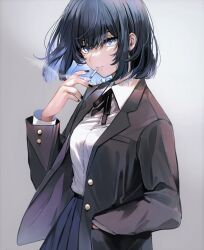 Rule 34 | 1girl, black hair, black jacket, black nails, black ribbon, blue eyes, blue hair, cigarette, collared shirt, colored inner hair, commentary request, hand in pocket, jacket, multicolored hair, musshu (omu001), neck ribbon, open clothes, open jacket, original, pleated skirt, ribbon, shirt, shirt tucked in, short hair, skirt, smoking, solo, white shirt