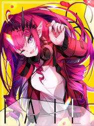 Rule 34 | alternate costume, baobhan sith (fate), fangs, fate/grand order, fate (series), headphones, headphones around neck, highres, jacket, nail polish, pink eyes, pink hair, pointy ears, red nails, solo, the0neulost, yellow background