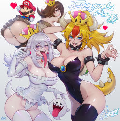 Rule 34 | 1boy, 3girls, angry, armlet, artist name, ass, black legwear, black leotard, blonde hair, blue eyes, blush, boo (mario), bowsette, bracelet, breasts, brown eyes, brown hair, chibi, choker, citemer, claws, cleavage, commentary, covered navel, crown, curvy, elbow gloves, english text, facial hair, fingernails, frilled leotard, frills, gloves, goomba, hat, heart, highleg, highleg leotard, highres, hip focus, horns, huge ass, jewelry, large breasts, leotard, light blush, long tongue, looking at viewer, luigi&#039;s mansion, mario, mario (series), mini crown, multicolored hair, multiple girls, mustache, new super mario bros. u deluxe, nintendo, open mouth, overalls, pale skin, panties, ponytail, princess king boo, purple eyes, red hair, red hat, sharp fingernails, sharp teeth, silver hair, simple background, spiked armlet, spiked bracelet, spiked choker, spiked shell, spiked tail, spikes, super crown, tail, teeth, thick thighs, thighs, tongue, tongue out, turtle shell, two-tone hair, underwear, wavy hair, white background, white gloves, white leotard, wide hips
