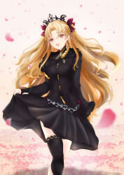 Rule 34 | 1girl, absurdres, black dress, black nails, black skirt, black thighhighs, blonde hair, chain, clothes pull, commentary request, crown, dress, dress pull, earrings, ereshkigal (fate), ereshkigal (third ascension) (fate), eyes visible through hair, fate/grand order, fate (series), flower, fur-trimmed sleeves, fur trim, gold, hair between eyes, hair over one eye, hair over shoulder, hair ribbon, happy, head tilt, highres, holding, hoop earrings, jewelry, long hair, looking at viewer, nail polish, open mouth, parted bangs, petals, pleated dress, pleated skirt, pulling own clothes, red eyes, red ribbon, ribbon, sidelocks, single bare leg, single thighhigh, skirt, skirt hold, skull, sleeves past fingers, sleeves past wrists, smile, solo, teeth, thighhighs, two side up, upper teeth only, very long hair, wide sleeves, yuki haru
