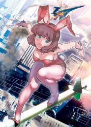 Rule 34 | 1980s (style), 1girl, aircraft, airplane, animal ears, battle, blue eyes, breasts, brown hair, rabbit ears, rabbit tail, camouflage, city, cleavage, daicon, daicon bunny girl, daicon iv, damaged, fire, flying, fuwa daisuke, gainax, japan, jet, medium breasts, missile, retro artstyle, open mouth, pantyhose, retro artstyle, short hair, solo, su-27, surfing, tail