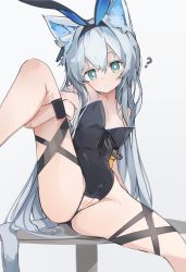 Rule 34 | 1girl, ?, alternate costume, animal ear fluff, animal ears, arknights, ass, breasts, cameltoe, cat ears, cat tail, crotchless, crotchless leotard, expressionless, fake animal ears, green eyes, grey background, grey hair, highres, leg lift, leotard, lifting own clothes, long hair, looking at viewer, mikozin, on table, oversized breast cup, playboy bunny, pussy, rabbit ears, rosmontis (arknights), simple background, sitting, small breasts, solo, spread legs, table, tail, thigh strap, uncensored, very long hair, wristband