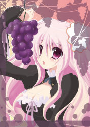 Rule 34 | 1girl, artist request, blush, breasts, cleavage, detached collar, food, fruit, grapes, holding, holding food, holding fruit, large breasts, long hair, pink hair, purple eyes, solo, source request