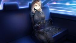 Rule 34 | 1girl, blonde hair, bodysuit, bradyon veda, breasts, breasts apart, car interior, car seat, case, closed mouth, covered erect nipples, dressing, expressionless, feet out of frame, game cg, green eyes, groin, highres, kusunoki kaede, legs, legs together, looking down, medium breasts, medium hair, navel, nipples, original, own hands together, sitting, thighs, zunta