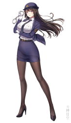 Rule 34 | absurdres, belt, between breasts, black footwear, black hair, black necktie, black pantyhose, blue jacket, blue skirt, blue sleeves, blush, breast hold, breasts, collared shirt, commentary request, cuffs, floating hair, full body, gloves, handcuffs, hat, high heels, highres, holding, jacket, large breasts, legs apart, long hair, long sleeves, looking at viewer, necktie, necktie between breasts, original, pantyhose, parted lips, pencil skirt, pink eyes, pocket, police, police hat, police uniform, policewoman, shenyuekong, shirt, simple background, skirt, standing, tachi-e, taut clothes, taut shirt, uniform, white background, white gloves, white shirt