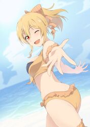 Rule 34 | 1girl, ;d, absurdres, beach, bikini, blonde hair, bow, breasts, cowboy shot, day, frilled bikini, frills, from behind, hair bow, highres, long hair, looking at viewer, looking back, love live!, love live! nijigasaki high school idol club, medium breasts, miyashita ai, ocean, one eye closed, open mouth, orange bow, orange eyes, outdoors, outstretched arms, outstretched hand, ponytail, sideboob, smile, solo, standing, striped, striped bow, summer, swimsuit, thigh strap, twisted torso, yellow bikini, zasshoku ojisan