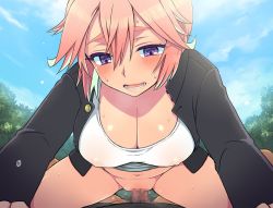 Rule 34 | bottomless, breasts, censored, cleavage, clothed sex, cowgirl position, dark skin, dark-skinned male, day, covered erect nipples, eroe, gakuran, girl on top, large breasts, nipples, outdoors, penis, pink hair, pov, purple eyes, pussy juice, school uniform, sex, short hair, sky, solo focus, straddling, sweat, vaginal