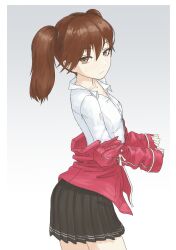 Rule 34 | 1girl, black skirt, brown eyes, brown hair, cowboy shot, dress, dress shirt, flat chest, gradient background, grey background, highres, jacket, japanese clothes, kantai collection, kariginu, long hair, long sleeves, looking at viewer, nito (nshtntr), pleated dress, red jacket, ryuujou (kancolle), shirt, simple background, skirt, solo, standing, twintails, visor cap, white shirt