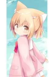 Rule 34 | 1girl, absurdres, animal ear fluff, animal ears, blue sky, blush, bow, brown eyes, closed mouth, cloud, commentary request, day, hair between eyes, hair bow, highres, jacket, light brown hair, long sleeves, looking at viewer, looking to the side, nakkar, open clothes, open jacket, original, pink jacket, pleated skirt, red bow, skirt, sky, sleeves past wrists, smile, solo, white bow, white skirt