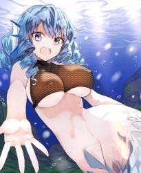 Rule 34 | 1girl, :d, alternate costume, blue eyes, blue hair, bottomless, breasts, covered erect nipples, drill hair, fins, head fins, large breasts, looking at viewer, medium hair, mermaid, monster girl, open mouth, outstretched hand, scales, skindentation, smile, solo, suminagashi, touhou, underboob, underwater, unmoving pattern, wakasagihime