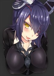 Rule 34 | 10s, 1girl, bad id, bad pixiv id, black background, blush, breasts, checkered clothes, checkered necktie, checkered neckwear, eyepatch, headgear, kantai collection, large breasts, looking at viewer, necktie, open mouth, purple hair, school uniform, short hair, simple background, solo, tenryuu (kancolle), yellow eyes, yukinojou yakan