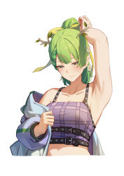 Rule 34 | 1girl, adjusting hair, antlers, armpits, belt, bow, braid, ceres fauna, crop top, erezu, french braid, green hair, hair bow, highres, hololive, hololive english, horns, jacket, jacket partially removed, leaf, midriff, ponytail, simple background, solo, upper body, virtual youtuber, white background