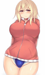 Rule 34 | 1girl, arms behind back, blonde hair, blush, breasts, collar, competition swimsuit, curvy, female focus, groin, highres, jacket, kubiwa (kutan), kutan, large breasts, long hair, looking at viewer, one-piece swimsuit, original, red eyes, simple background, solo, standing, swimsuit, swimsuit under clothes, thick thighs, thighs, track jacket, wide hips